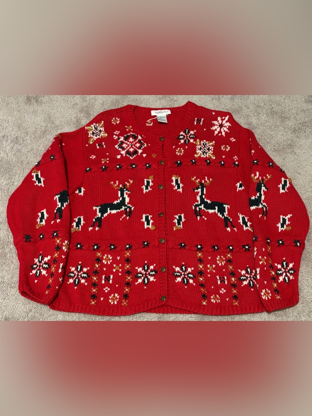 VTG Talbots Women’s Holiday Reindeer Knit Red Cardigan Button Sweater Size Large